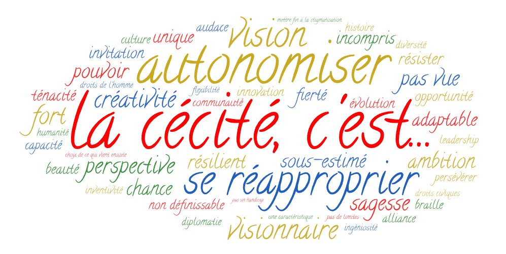 Un nuage de mots contenant des mots tels que « autonomiser », « se réapproprier », « vision », « visionnaire », « pas un handicap », « créativité », « perspective », « résilient », « fierté », « sagesse », « pouvoir », « ambition », « incompris » et « sous-estimé ».