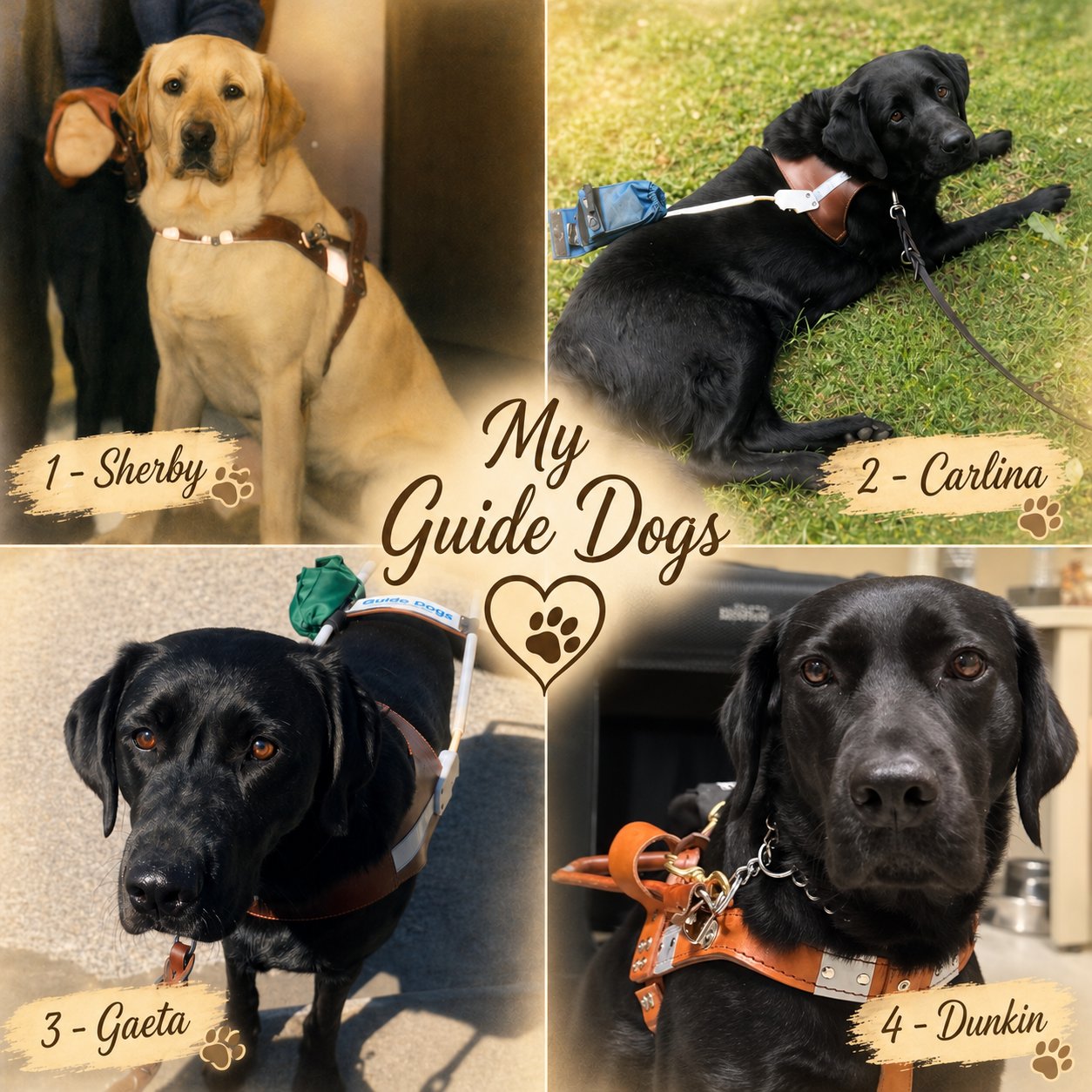 Un collage intitulé « Mes chiens-guides », orné d’un cœur et d’une empreinte de patte en son centre, composé de quatre photos numérotées. En haut à gauche, « 1 - Sherby » : une labrador retriever jaune, dans un harnais de guidage en cuir brun, est assise à côté de la personne qu’elle guide. En haut à droite, « 2 - Carlina » : une labrador retriever noire, dans un harnais brun, est allongée sur l’herbe verte et regarde l’appareil photo par-dessus son épaule. En bas à gauche, « 3 - Gaeta » : une labrador retriever noire, dans un harnais de guidage à poignée blanche, se tient debout sur un trottoir ensoleillé et fixe l’appareil photo. En bas à droite, « 4 - Dunkin » : un gros plan d’une labrador retriever noire, dans un harnais de guidage en cuir fauve, qui regarde droit vers l’appareil photo.