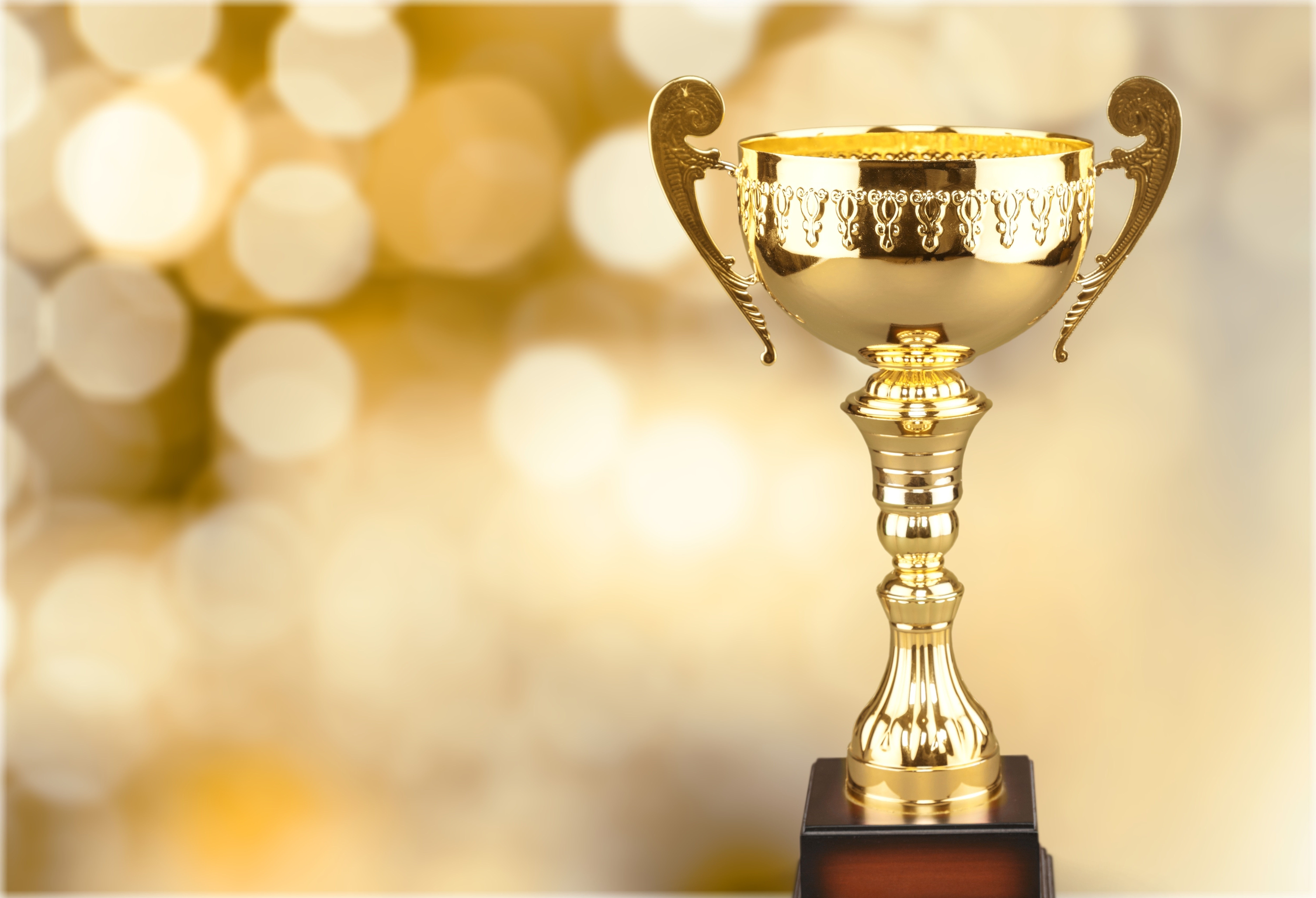 Photo d’une coupe-trophée dorée à deux anses posée sur un socle en bois foncé, sur un fond doré et chaleureux de lumières floues